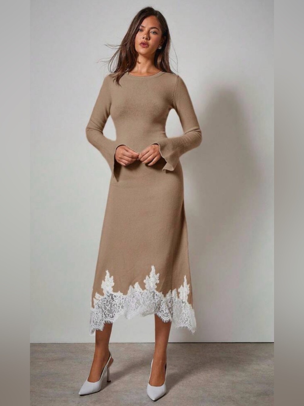 COSMINA Khaki Knit Sweater Dress with White Lace Trim Asymmetrical Hem S